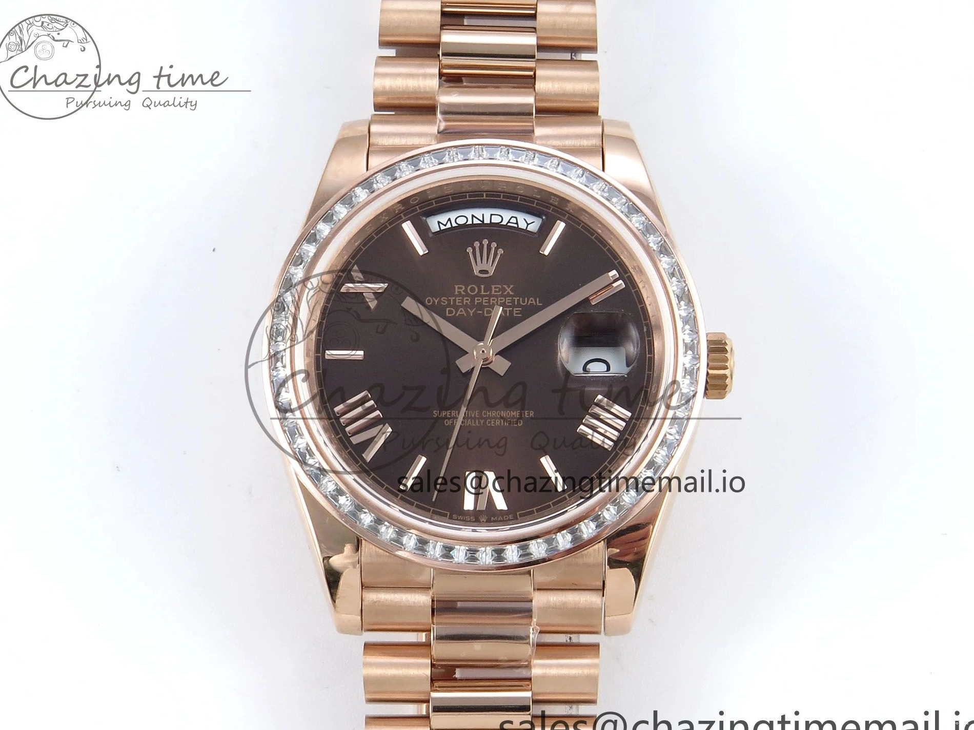MiroTime 0521 Lightweight DayDate 40 RG QF 1:1 Best Edition Brown Roman Dial Diamonds Bezel on President Bracelet A2836 V5 (Gain Weight) 475